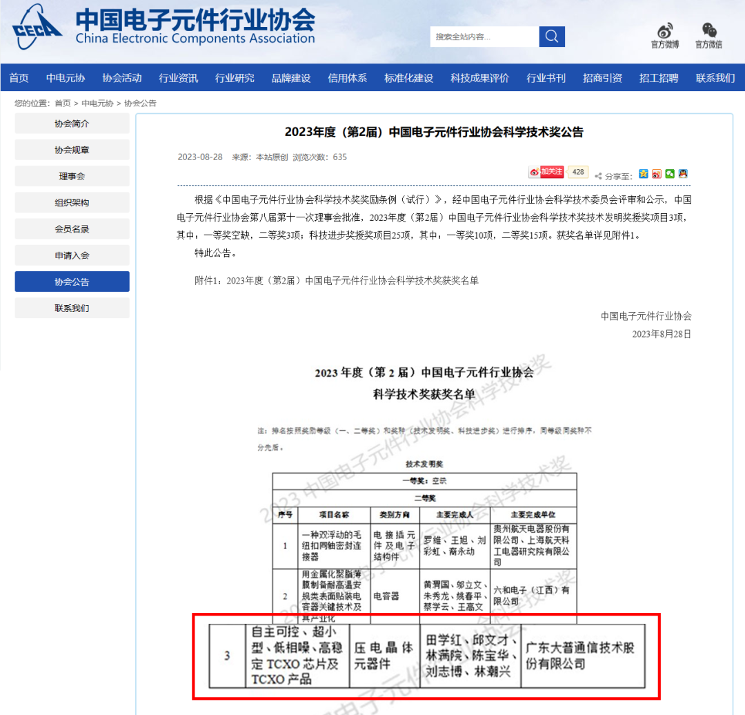 中国电子元件行业协会科学技术奖